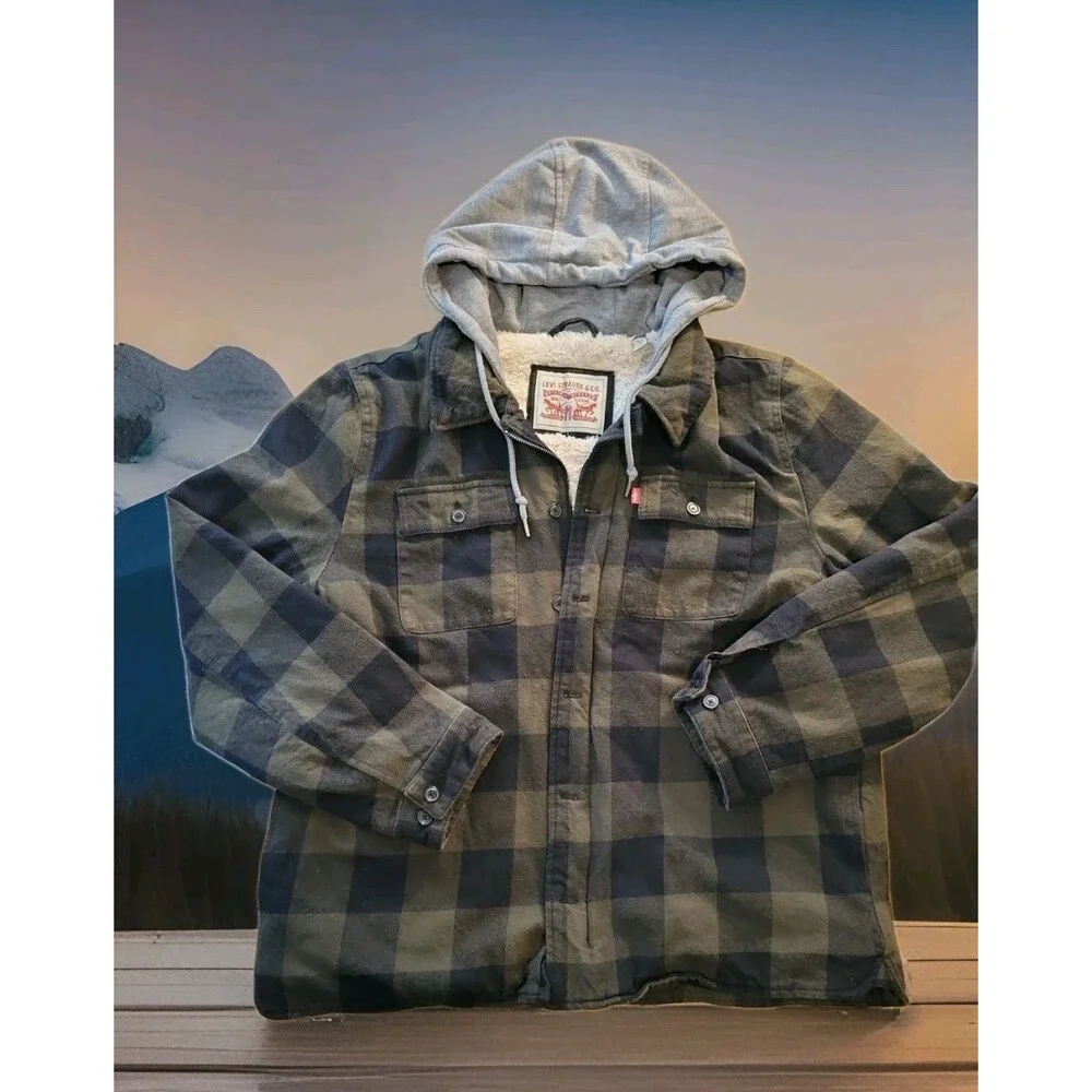Levi's sherpa-lined hooded buffalo plaid jacket, men's black olive, full zip